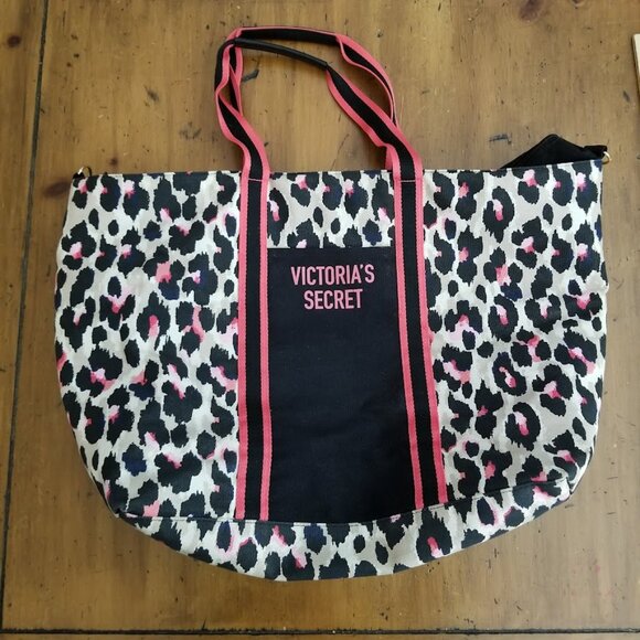 Victoria's Secret Zip Top Tote VS Pink Leopard Print Canvas Weekender Tote Bag - Picture 3 of 12